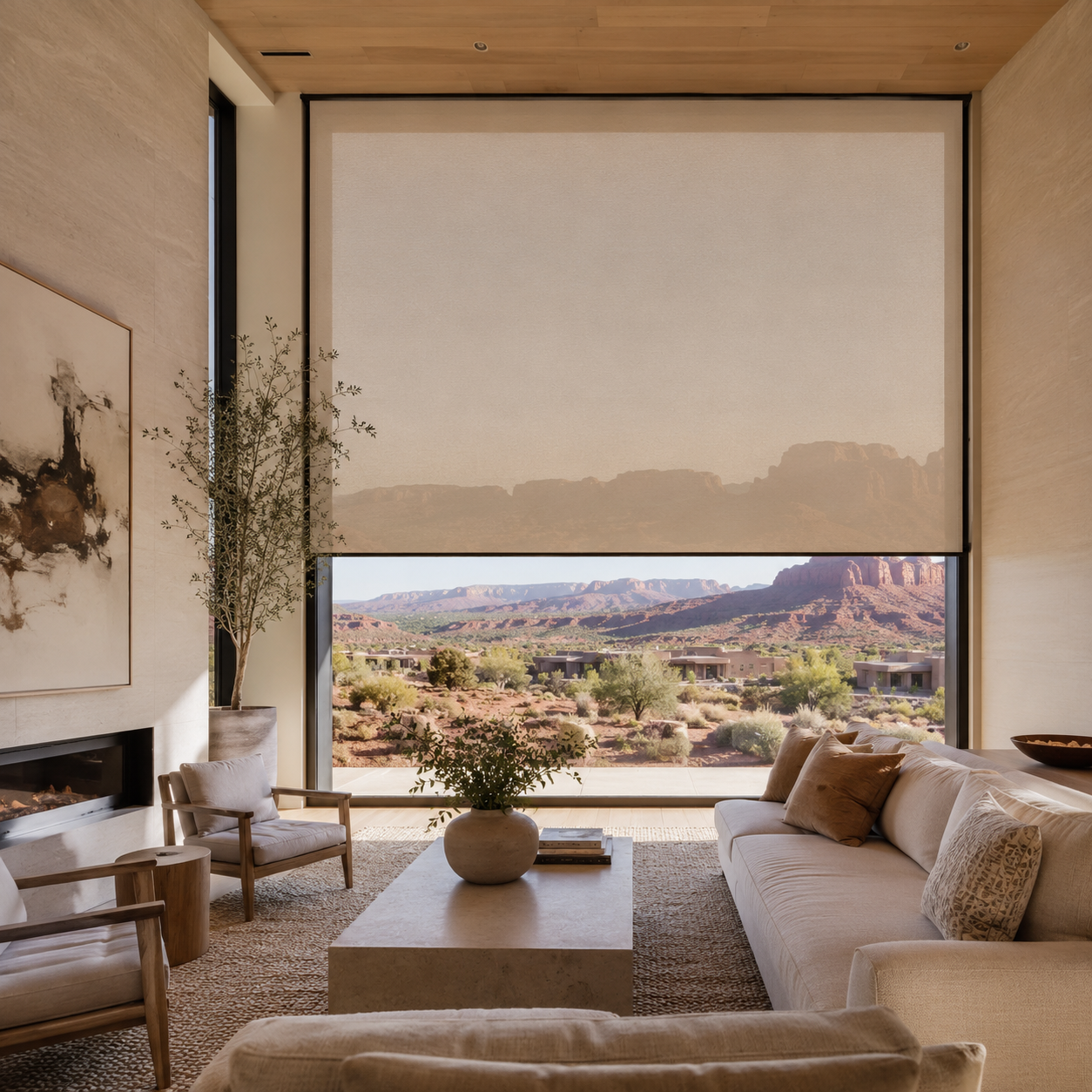 Motorized roller shade lowered over a large window with red rock desert views.