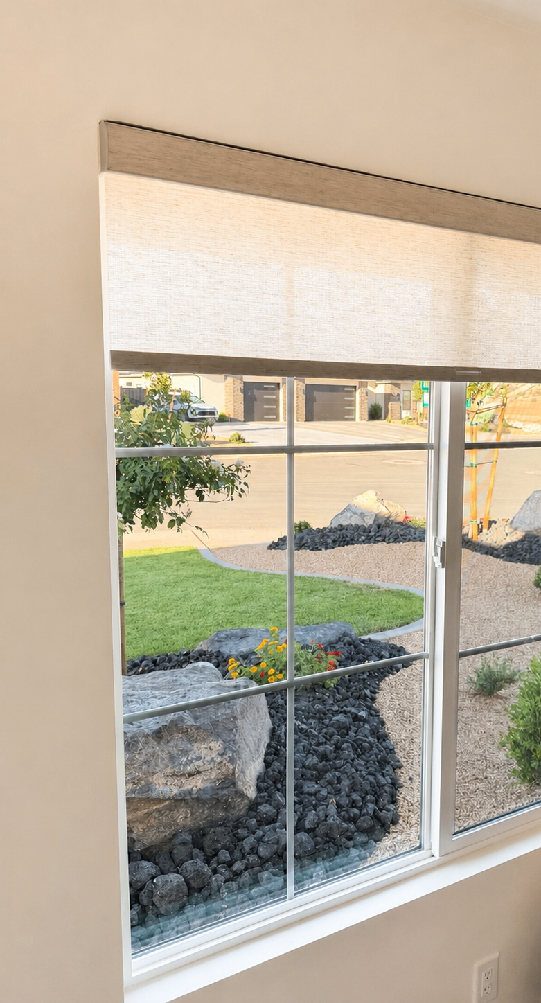 Custom roller shade with red-rock view in a St. George home.