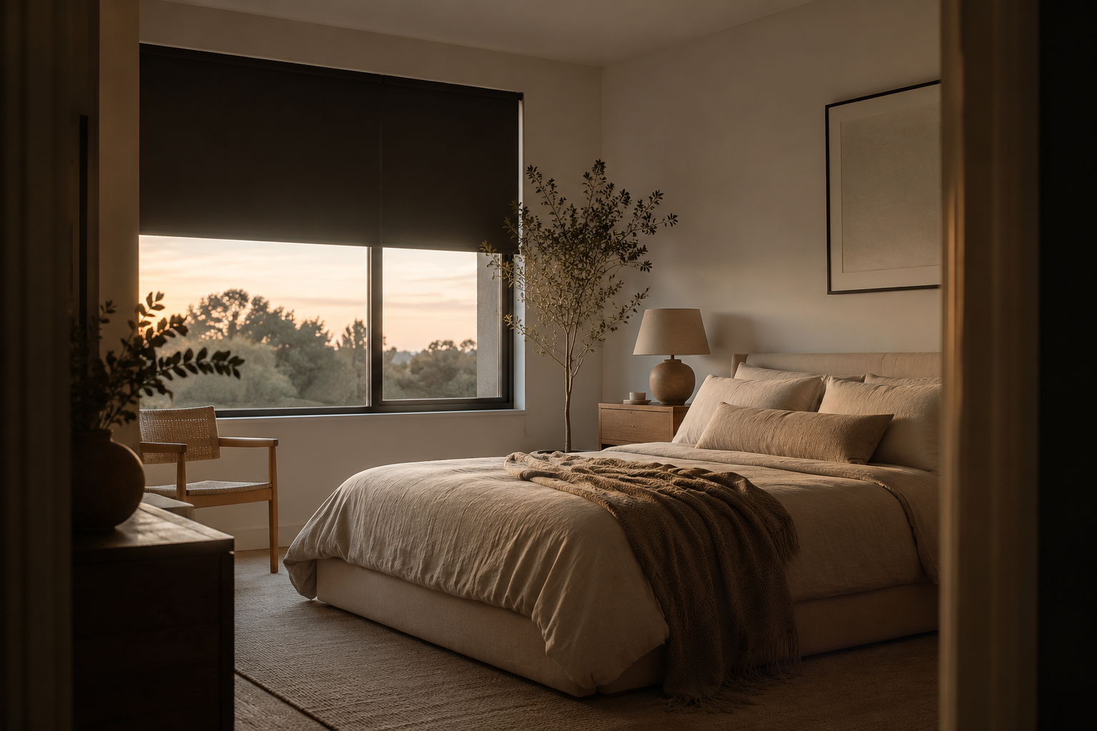 A calm bedroom with a lowered blackout shade softening the evening light.